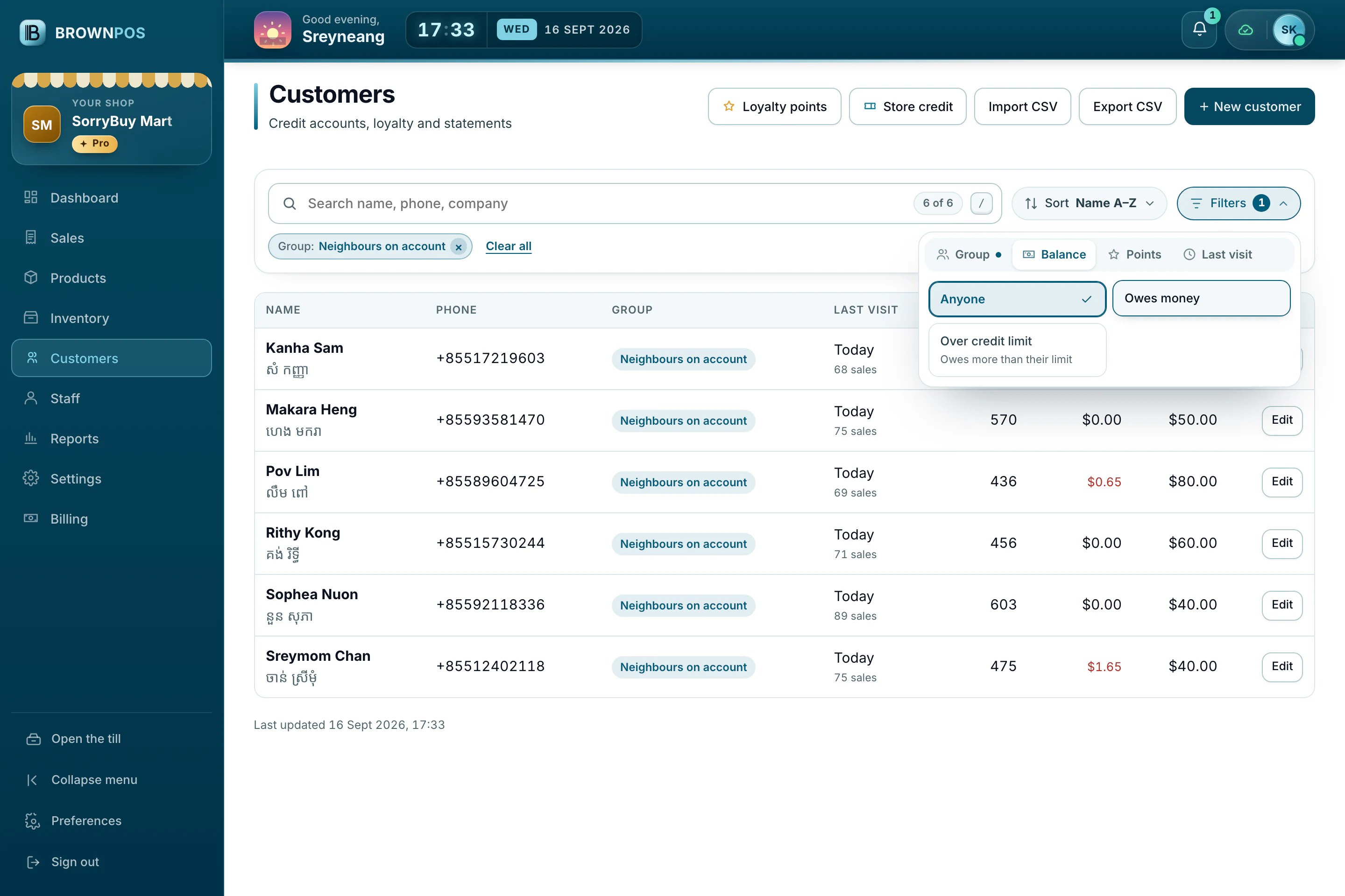 Cambodia POS System — SorryBuy Mart’s customers narrowed to the Neighbours on account group, with the balance filter open: anyone, owes money, over credit limit