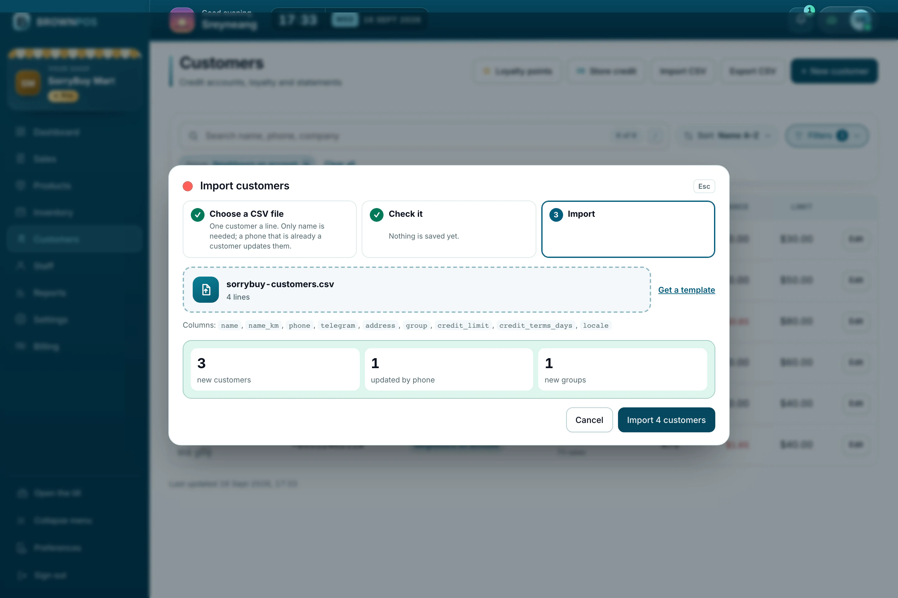 Cambodia POS System — Importing a customer sheet at SorryBuy Mart: checked before anything is saved, three new customers, one matched by phone and one new group