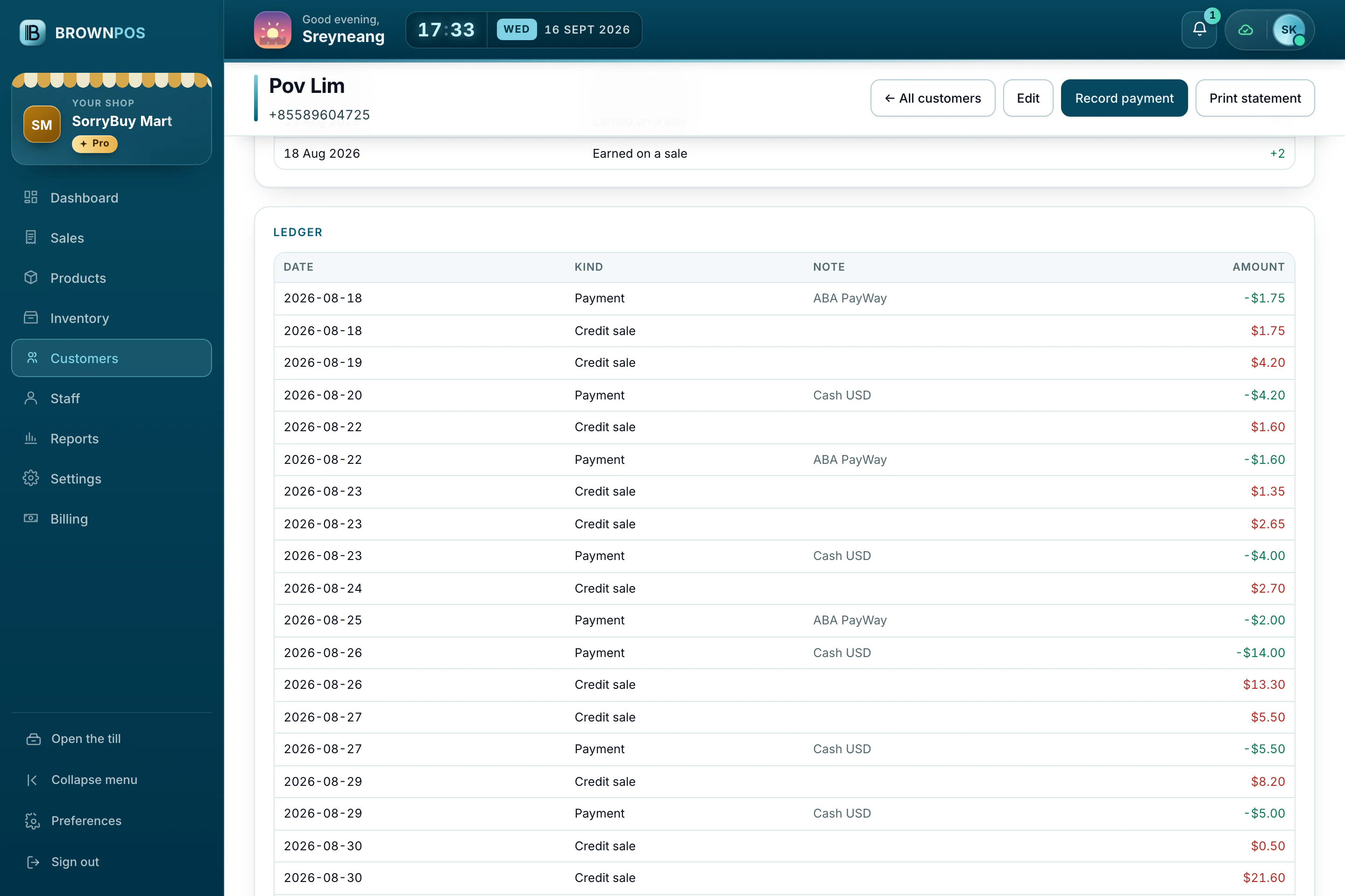 Cambodia POS System — Pov Lim’s ledger in SorryBuy Mart’s back office: every credit sale and every payment by date, cash or ABA PayWay, with the amounts