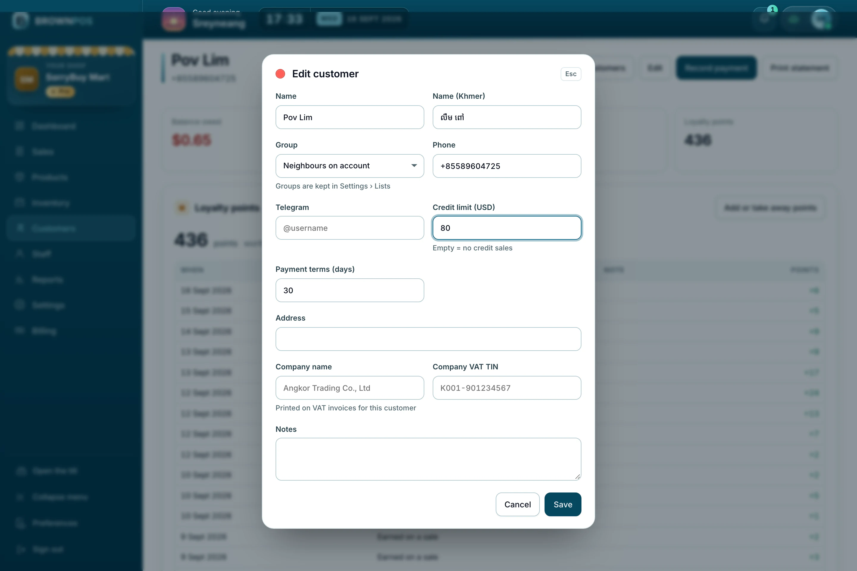 Cambodia POS System — Editing Pov Lim at SorryBuy Mart: the Neighbours on account group, an $80 credit limit and 30 days to pay