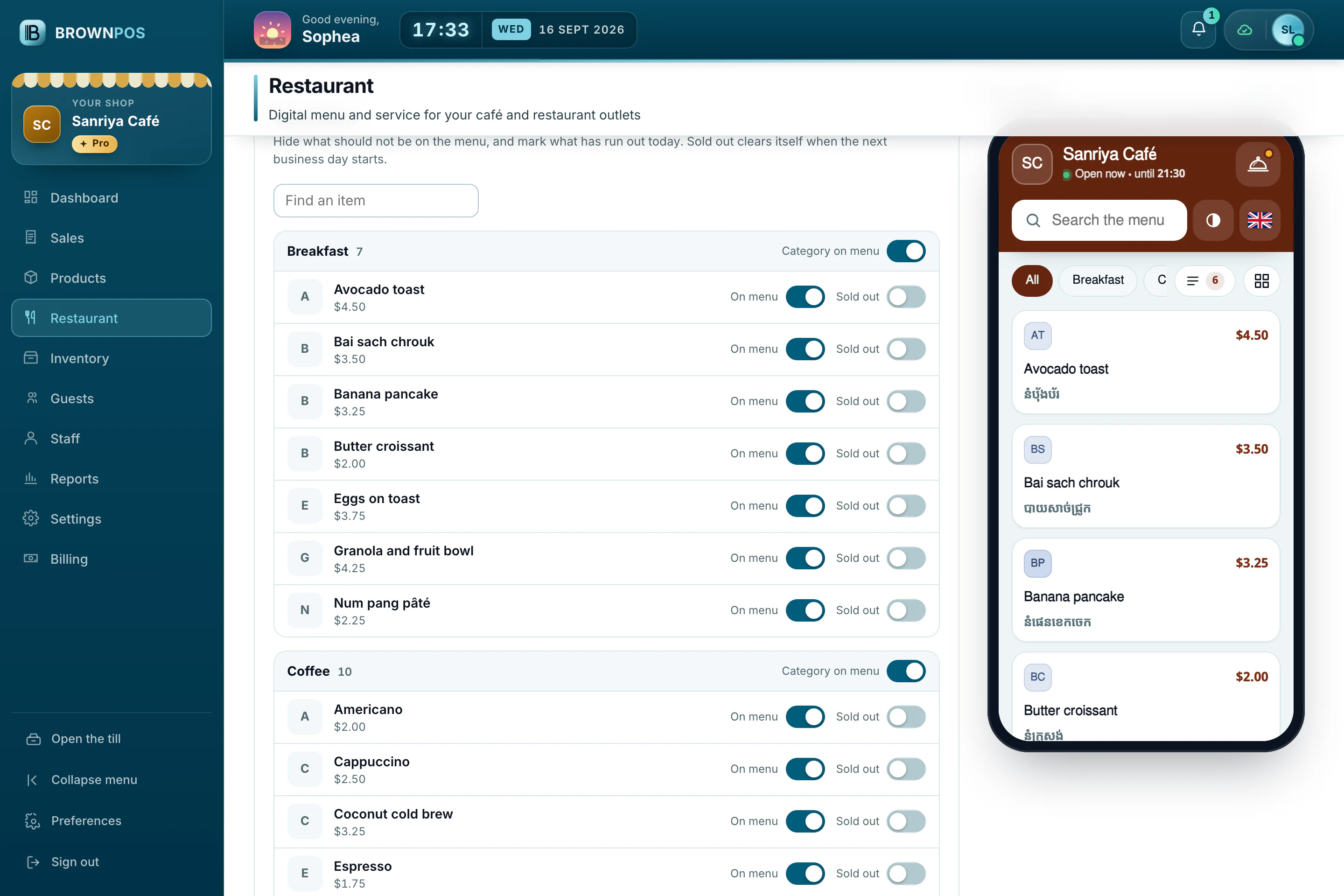 Cambodia POS System — Menu items by category, each with On menu and Sold out switches