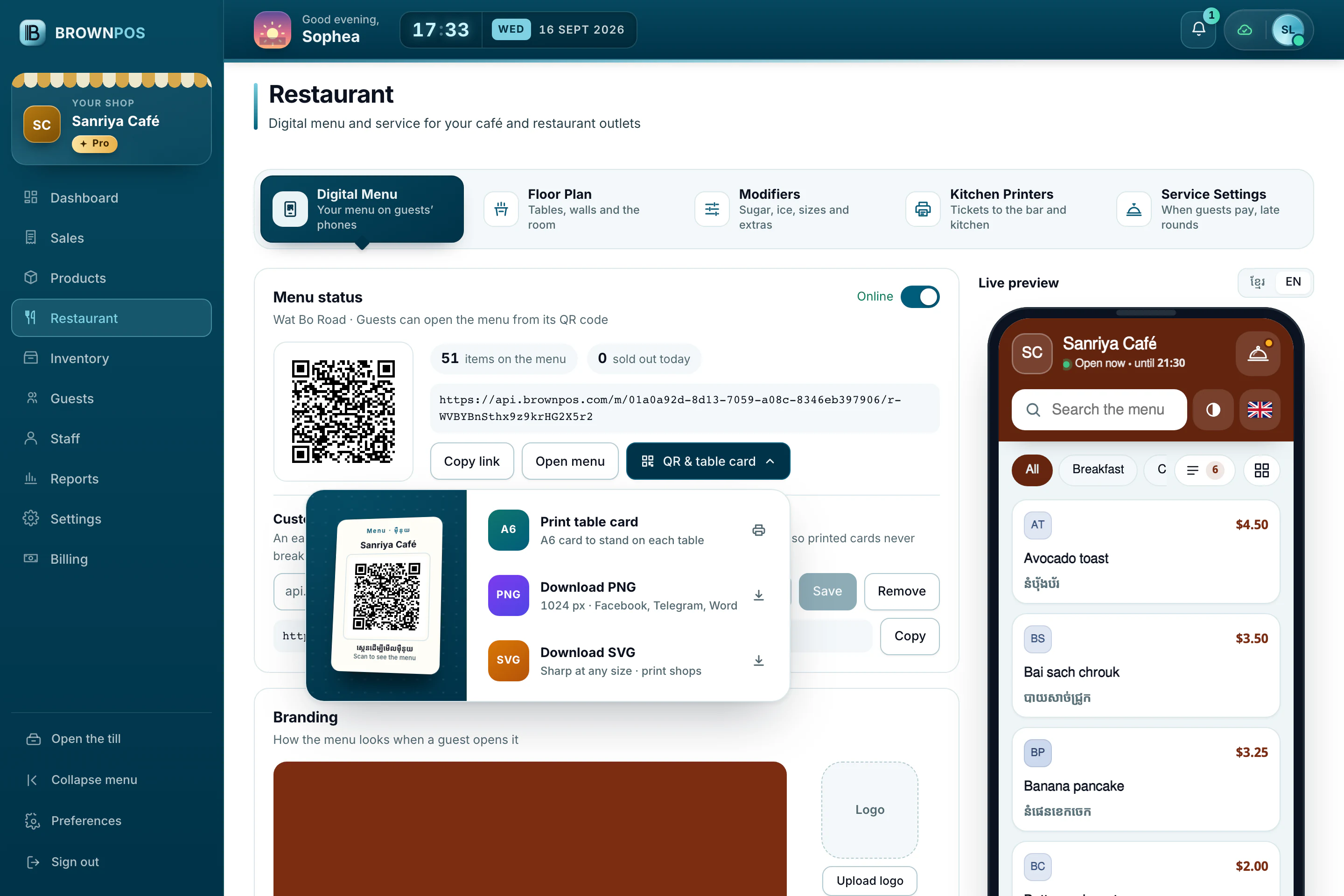 Cambodia POS System — Sanriya Café’s menu online, with QR & table card open: print a table card, download a PNG or an SVG