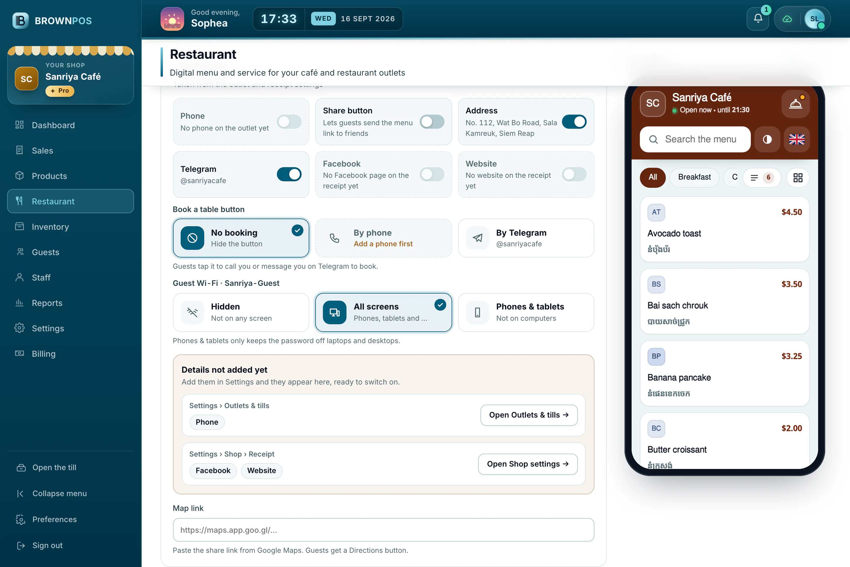 Cambodia POS System — Shop details: phone, Share button, address, Telegram, Facebook and website switches, the Book a table button, Guest Wi-Fi shown on all screens or on phones and tablets only, and the Google Maps link