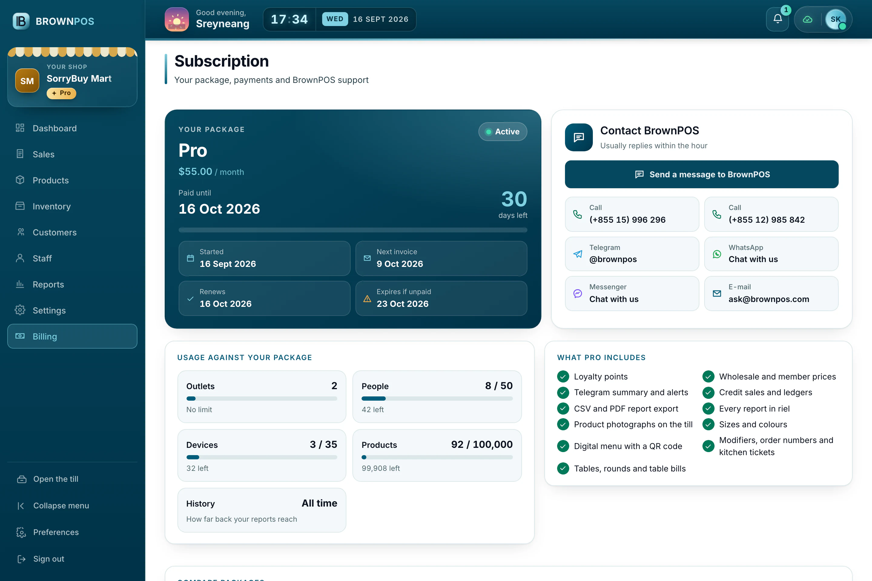 Cambodia POS System — SorryBuy Mart’s Subscription page: the Pro package paid until 15 October, usage against the package and Contact BrownPOS
