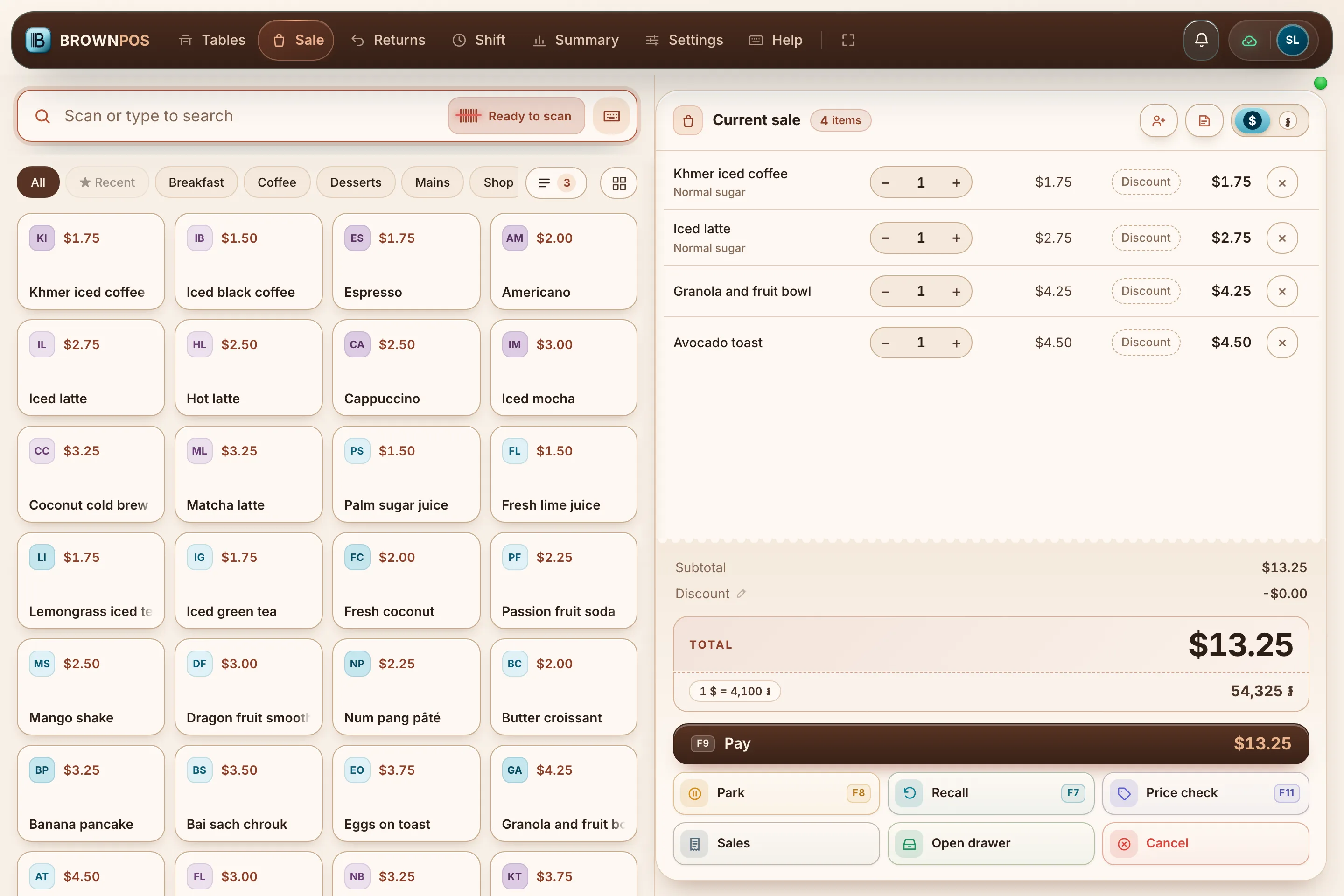 Cambodia POS System — The same till in the Clay style, warm and rounded with keys pressed out of the page