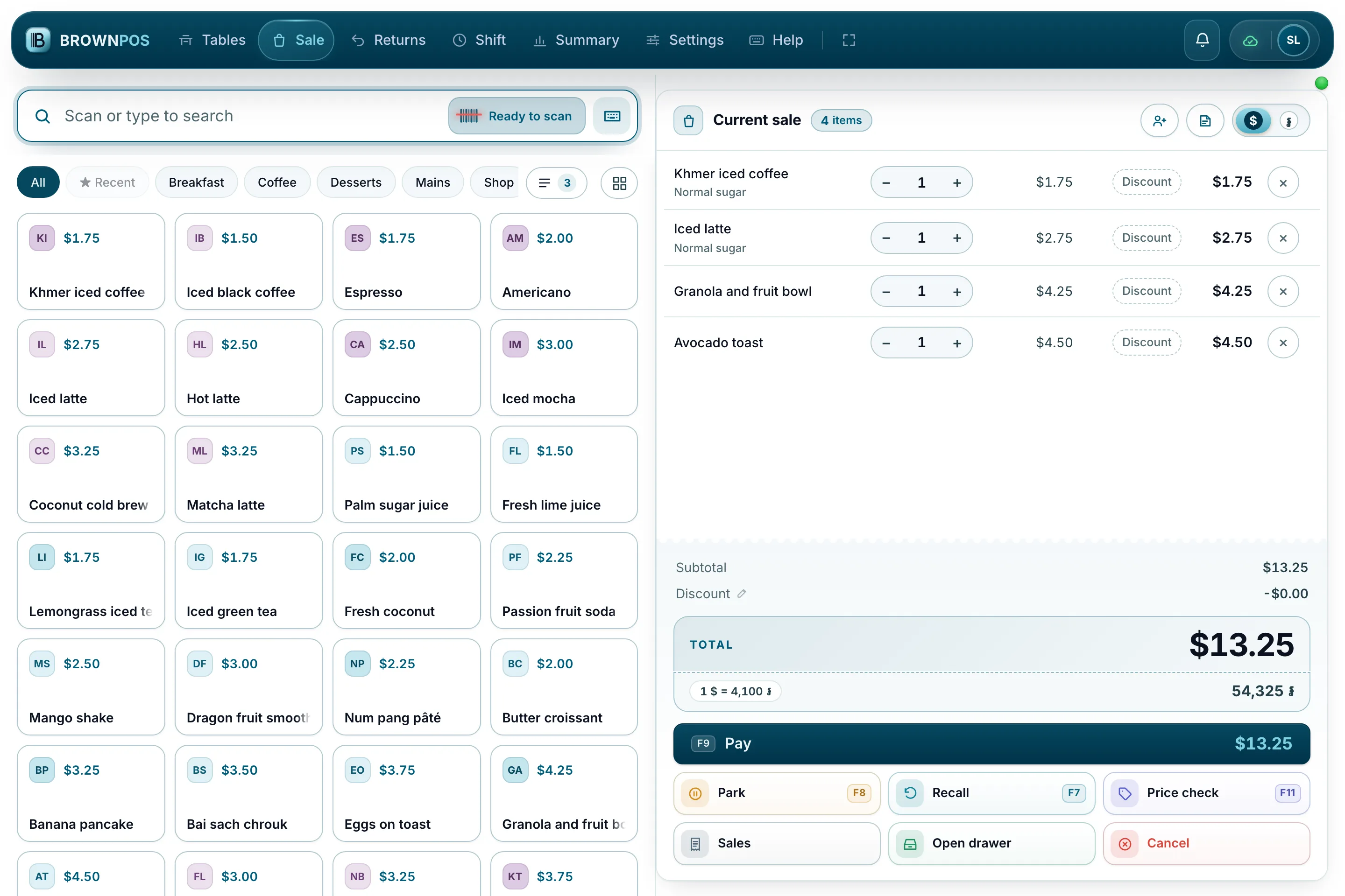 Cambodia POS System — Sanriya Café’s till in the light look, with a sale of four items