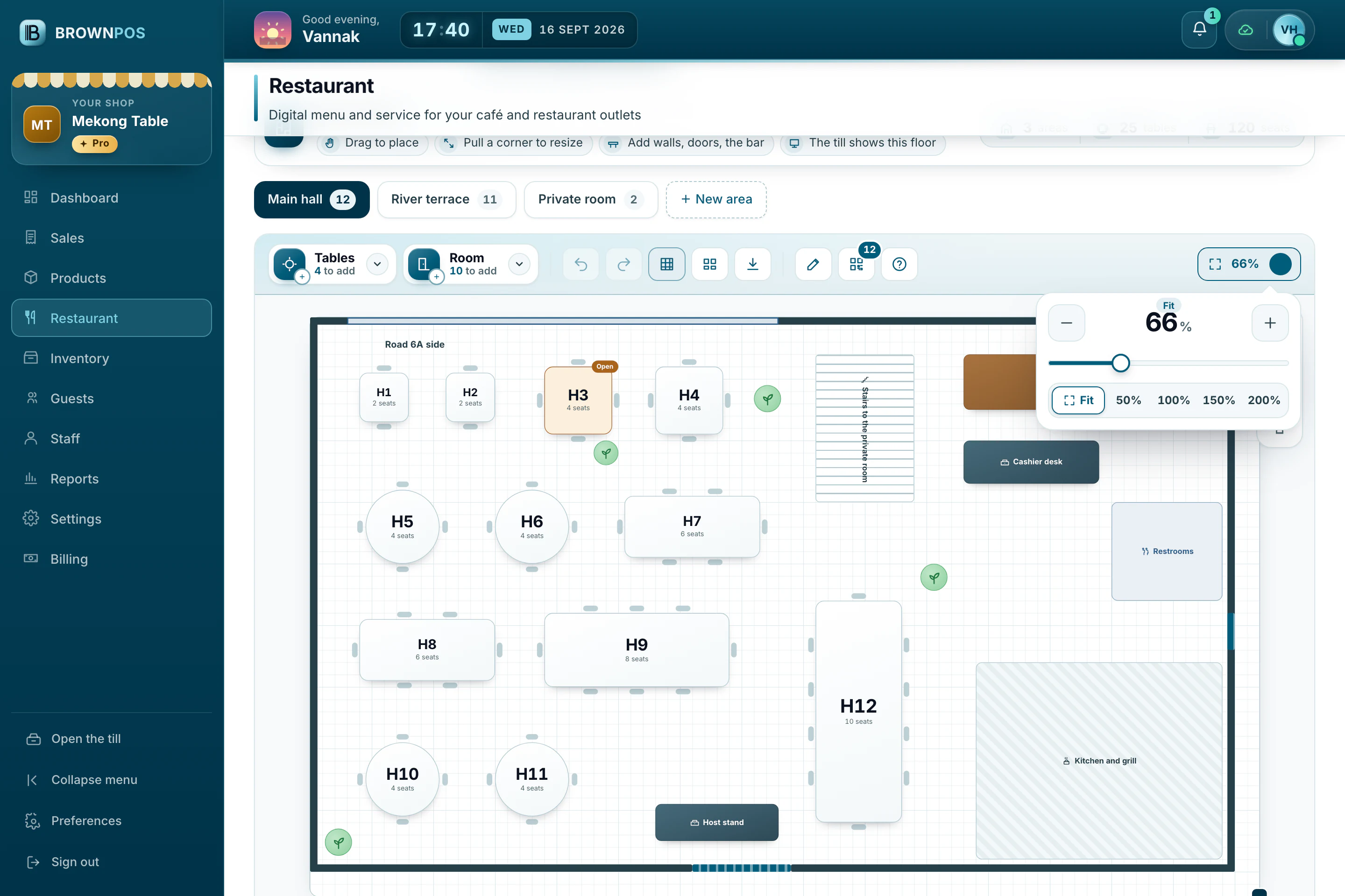 Cambodia POS System — The zoom controls open over the floor plan: minus, plus, a slider, Fit, 50%, 100%, 150% and 200%