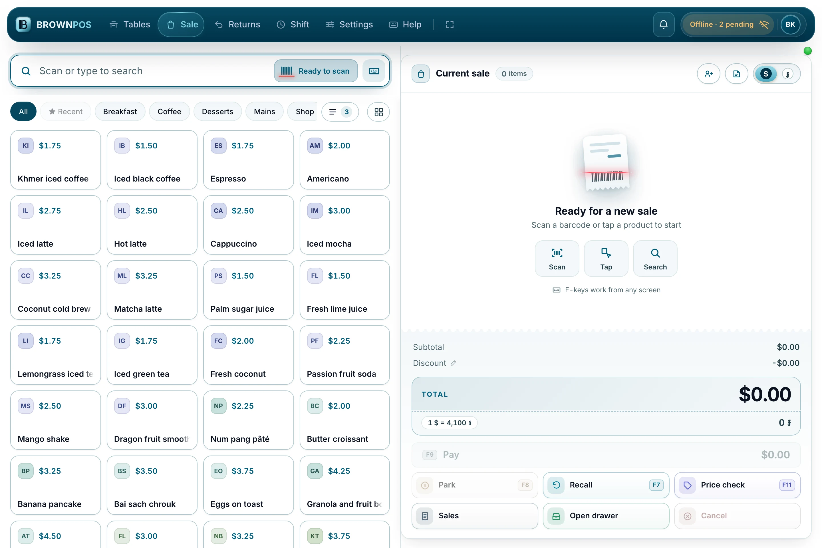 Cambodia POS System — The same till after two sales with no line: the topbar reads Offline · 2 pending, and it is ready for the next sale