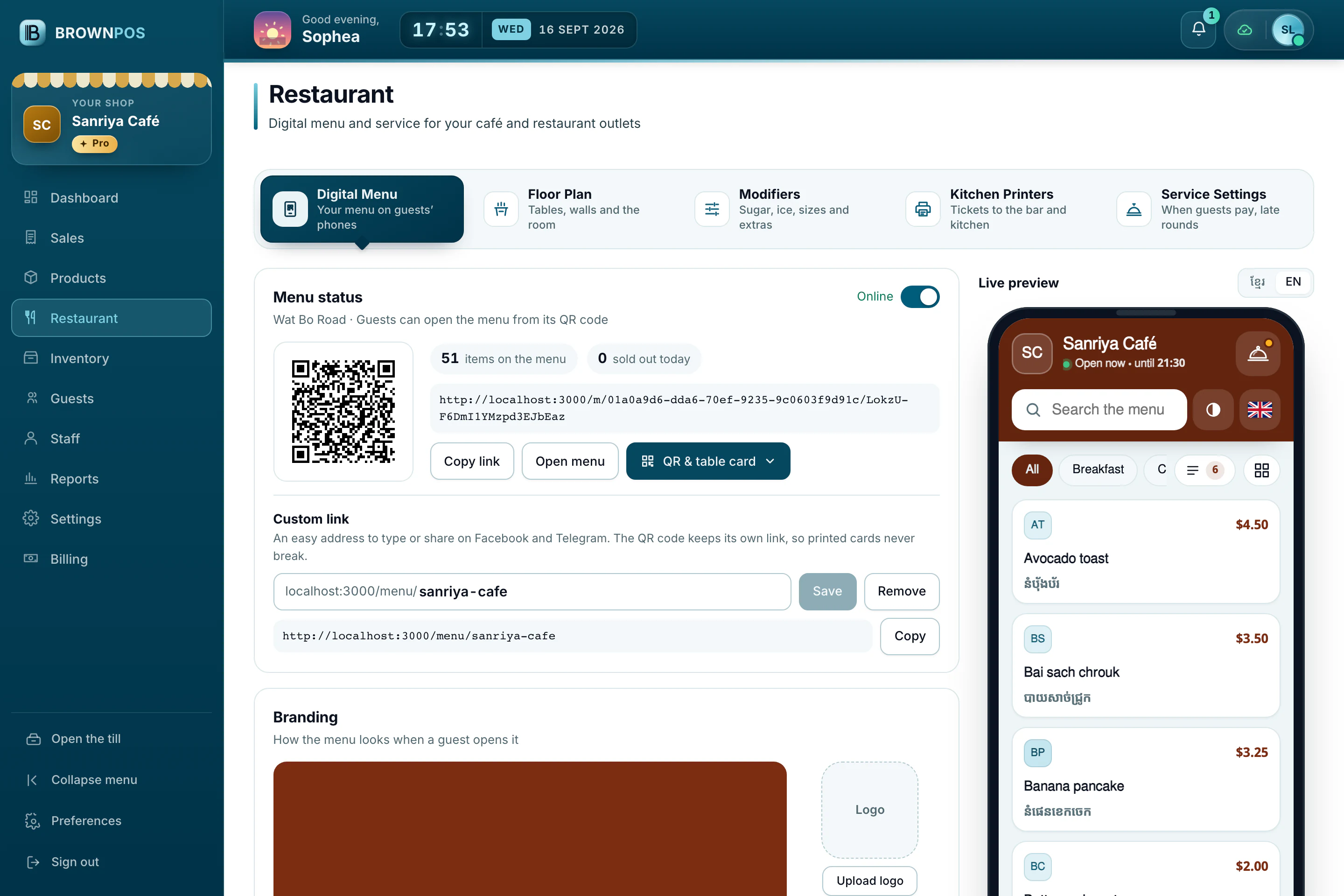 Cambodia POS System — Sanriya Café’s digital menu settings: the menu online with its QR code, its own link and a live phone preview