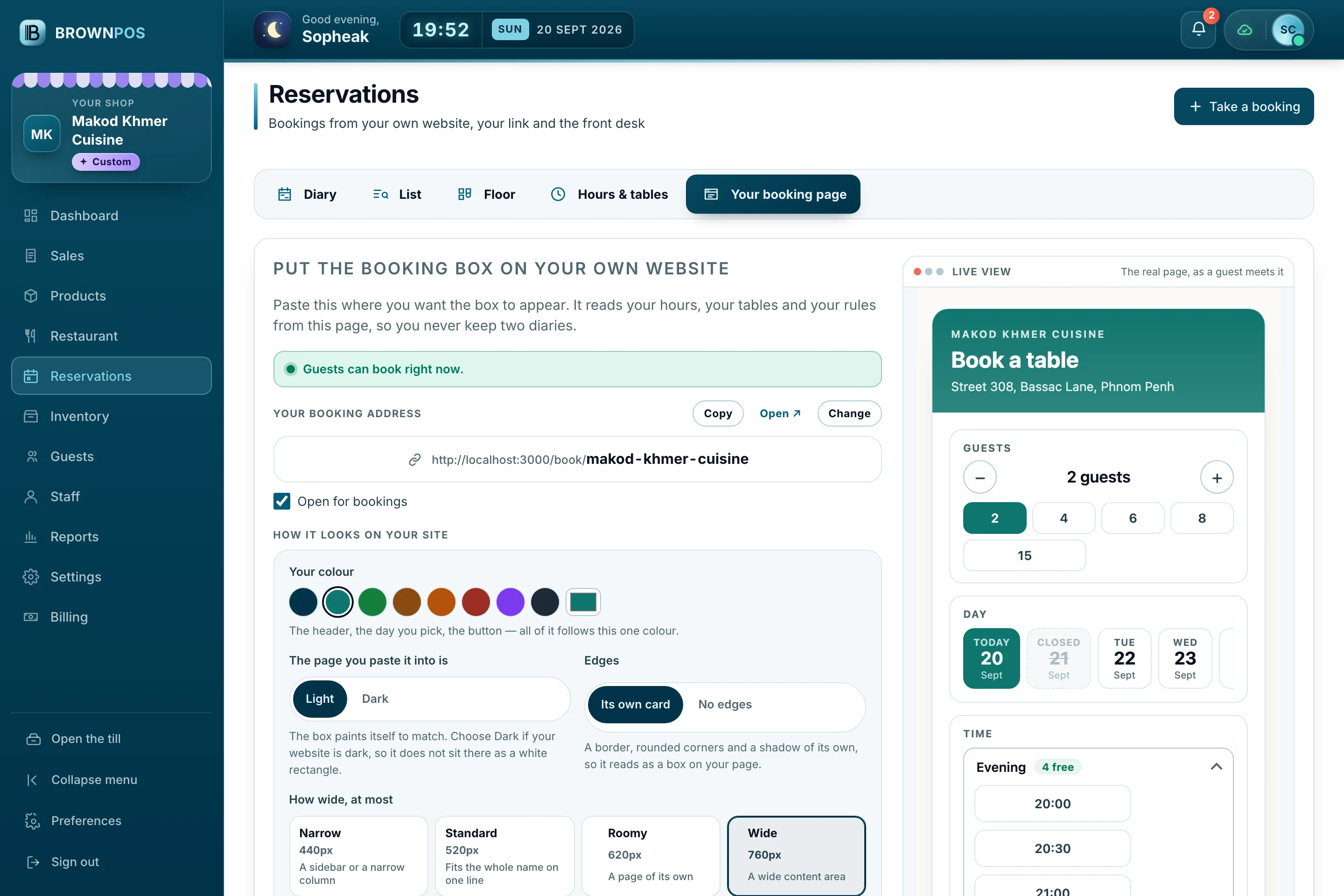 Cambodia POS System — Your booking page at Makod Khmer Cuisine: the booking address with Copy, Open and Change, the shop’s own colour, light or dark, how wide the box may grow, the embed code and a live view of the real page