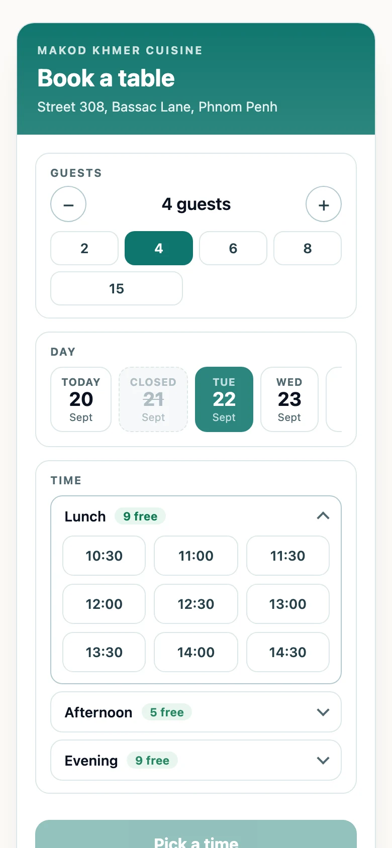 Cambodia POS System — The booking box on Makod Khmer Cuisine’s own website, on a guest’s phone: the party, the nights that are open with closed days struck through, and the times still free that evening