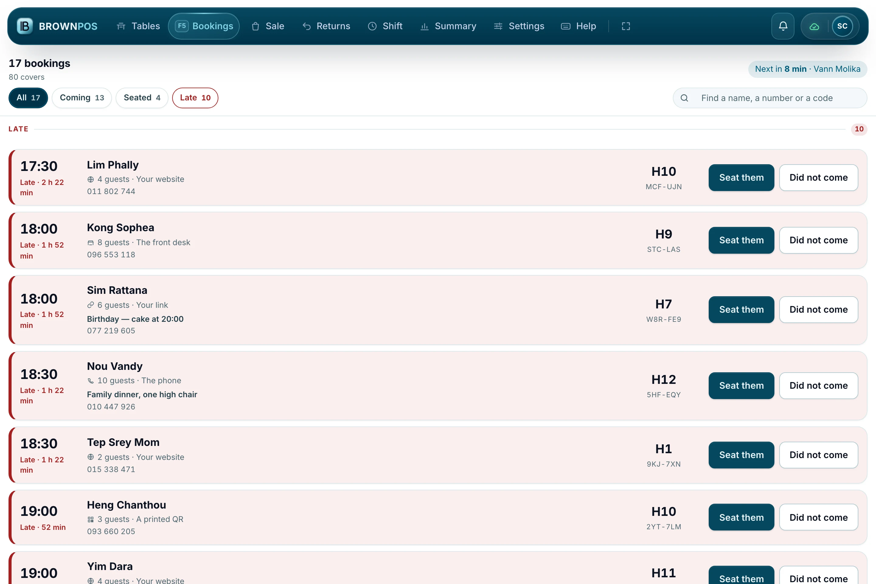 Cambodia POS System — The till’s Bookings screen at Makod Khmer Cuisine: seventeen bookings and eighty covers, grouped into late, here now and coming, each with the guest, the party, how they booked, their note, their table and Seat them