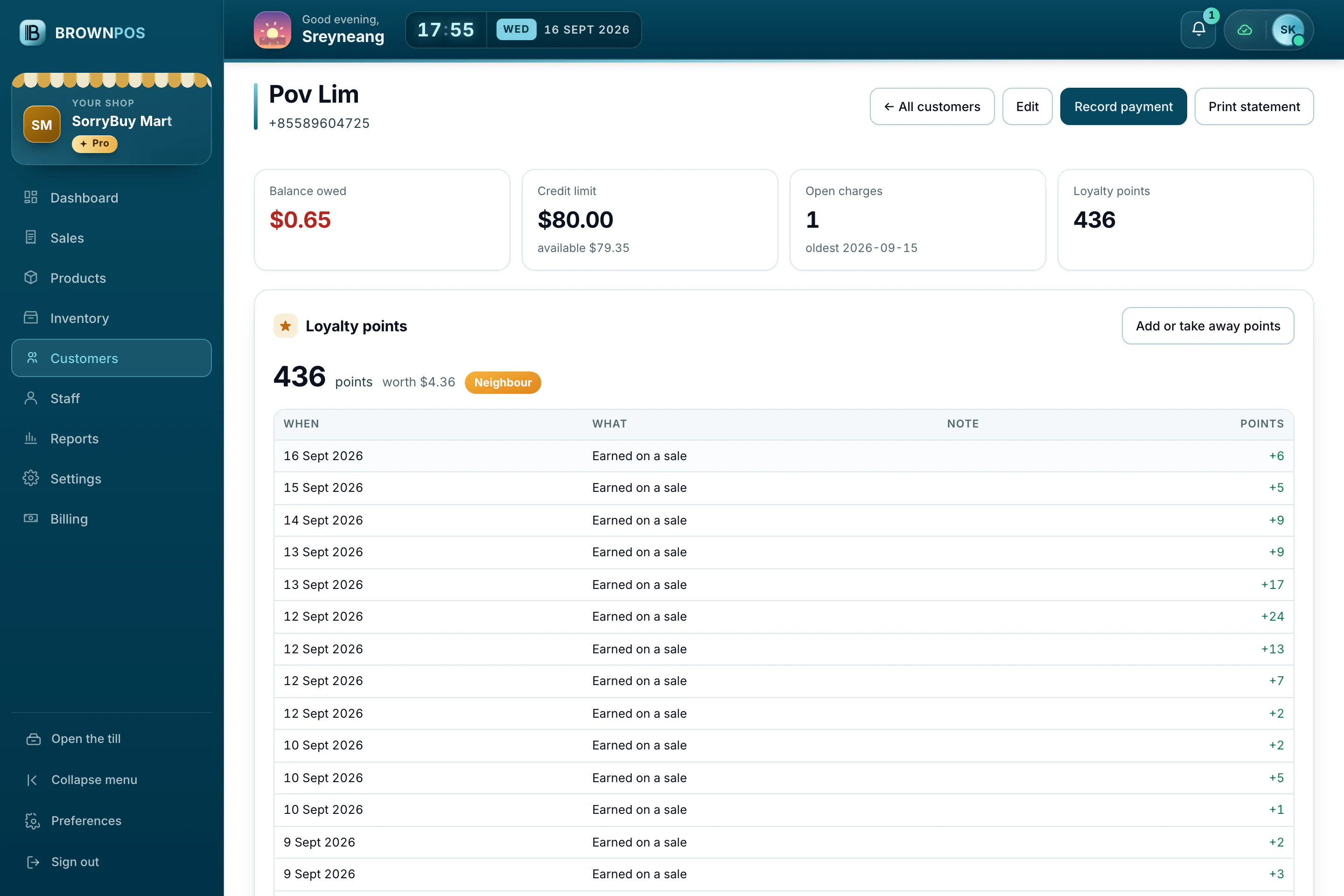 Cambodia POS System — Pov Lim’s account in SorryBuy Mart’s back office: $16.70 owed, an $80 credit limit, open charges and loyalty points