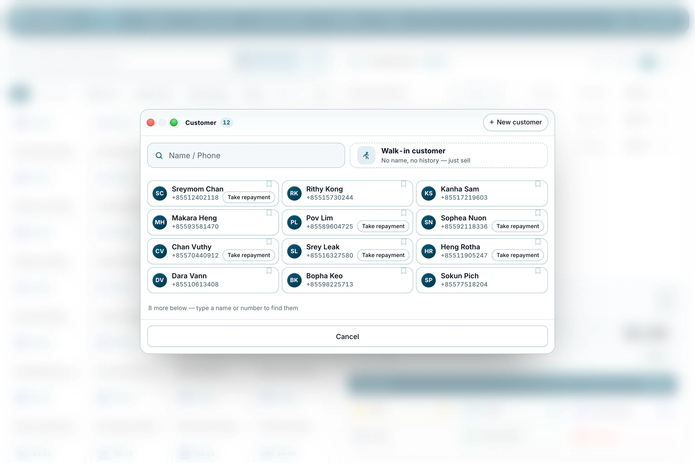 Cambodia POS System — Choosing a customer on SorryBuy Mart’s till: search by name or phone, a walk-in button, and Take repayment beside those who owe