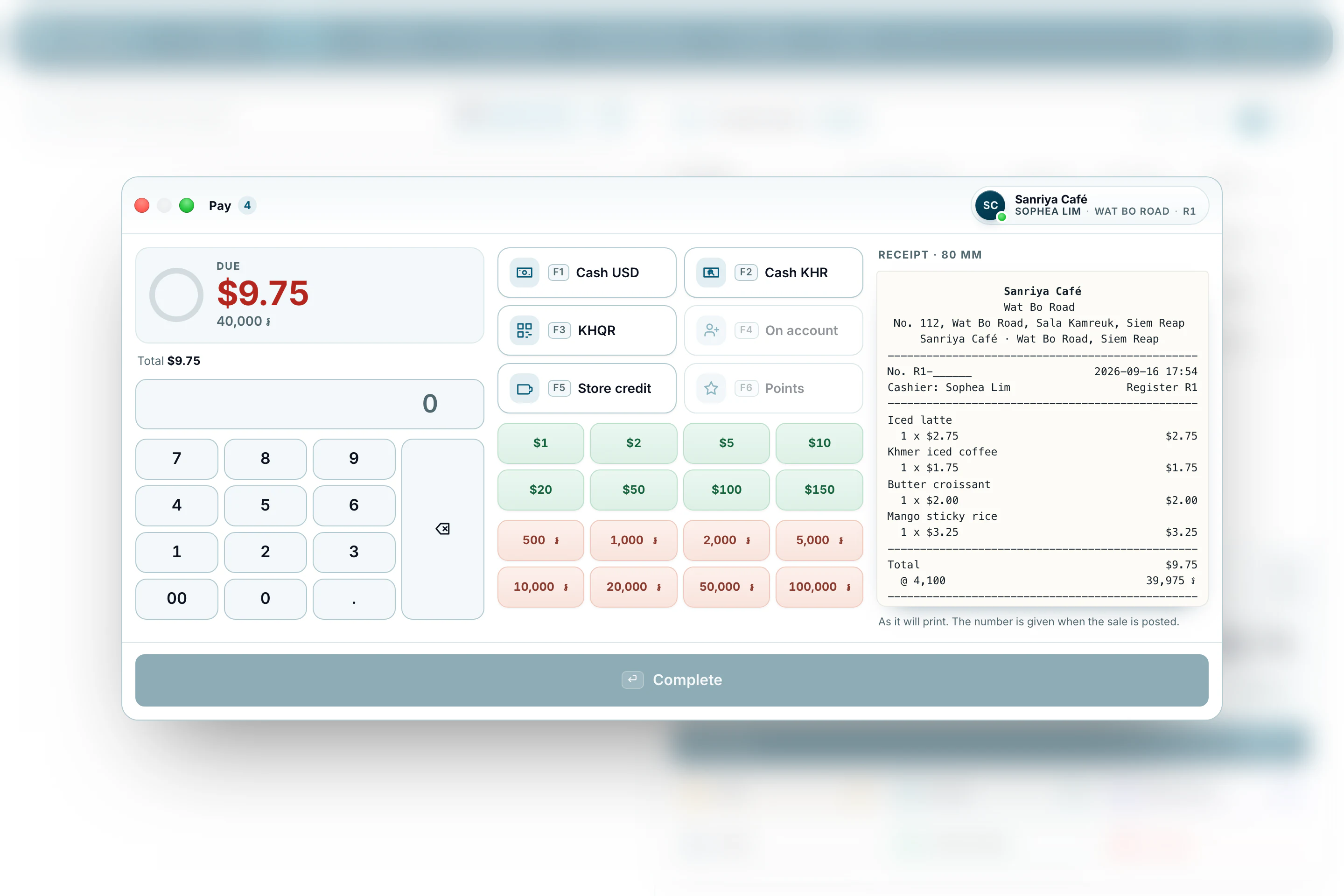 Cambodia POS System — The payment window widened to show Sanriya Café’s receipt on 80 mm paper, exactly as it will print