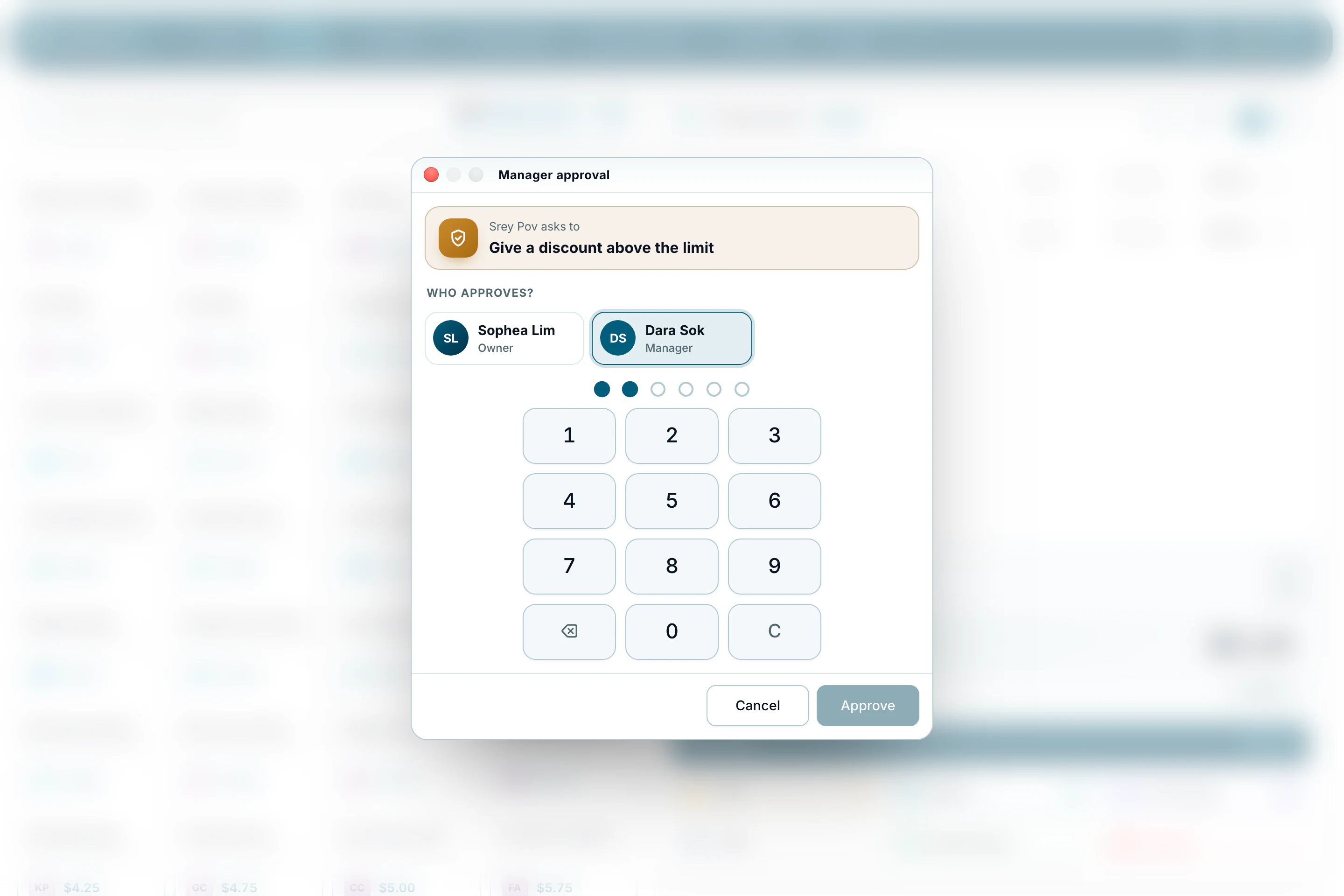 Cambodia POS System — Manager approval on Sanriya Café’s till: Srey Pov asks to give a discount above the limit, and Dara Sok, the manager, types a PIN