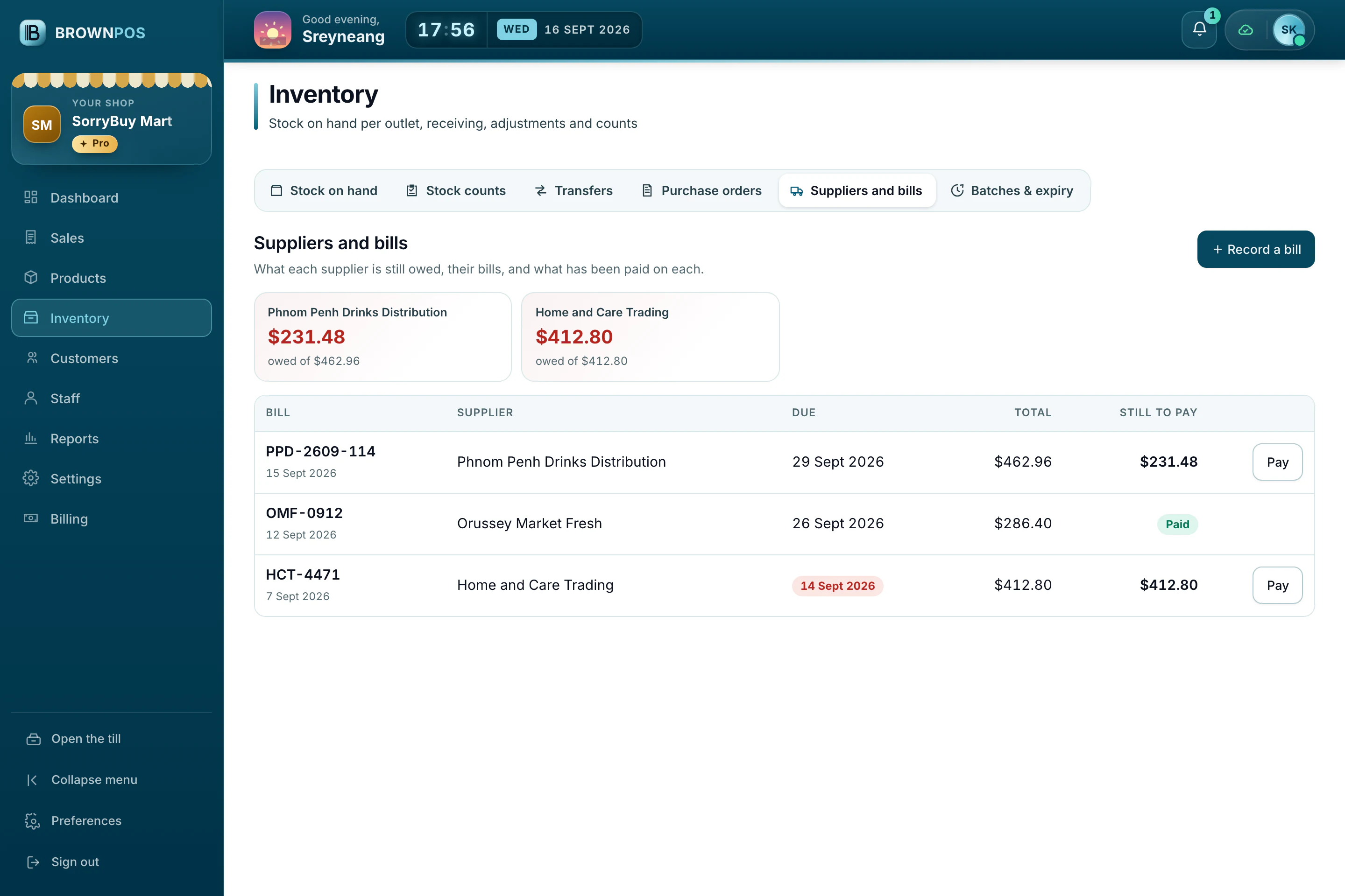 Cambodia POS System — Suppliers and bills at SorryBuy Mart: what each supplier is still owed, a bill half paid on delivery and another overdue