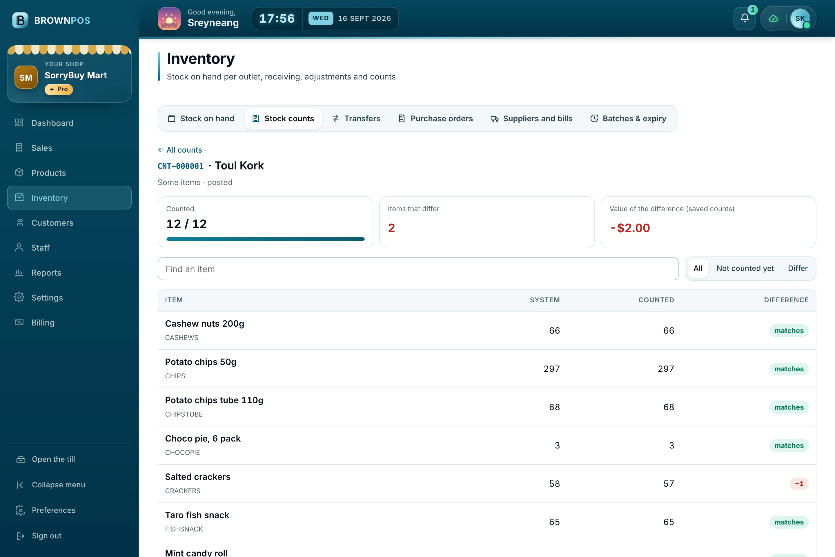 Cambodia POS System — A posted stock count at SorryBuy Mart: the snack shelf counted line by line, with what the system expected and what was really there