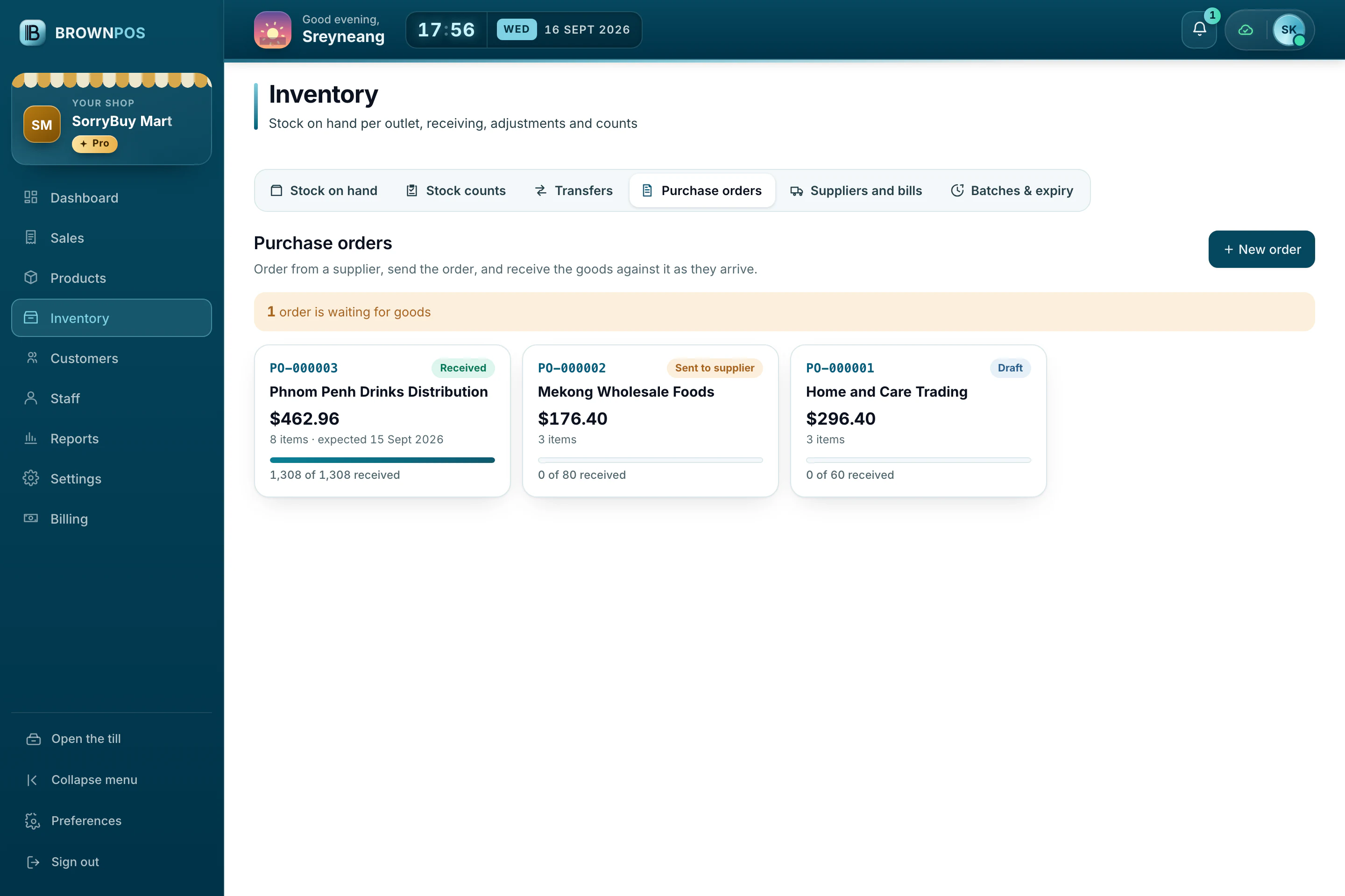 Cambodia POS System — Purchase orders at SorryBuy Mart: a drinks order received in full against the order, and another still waiting on the supplier
