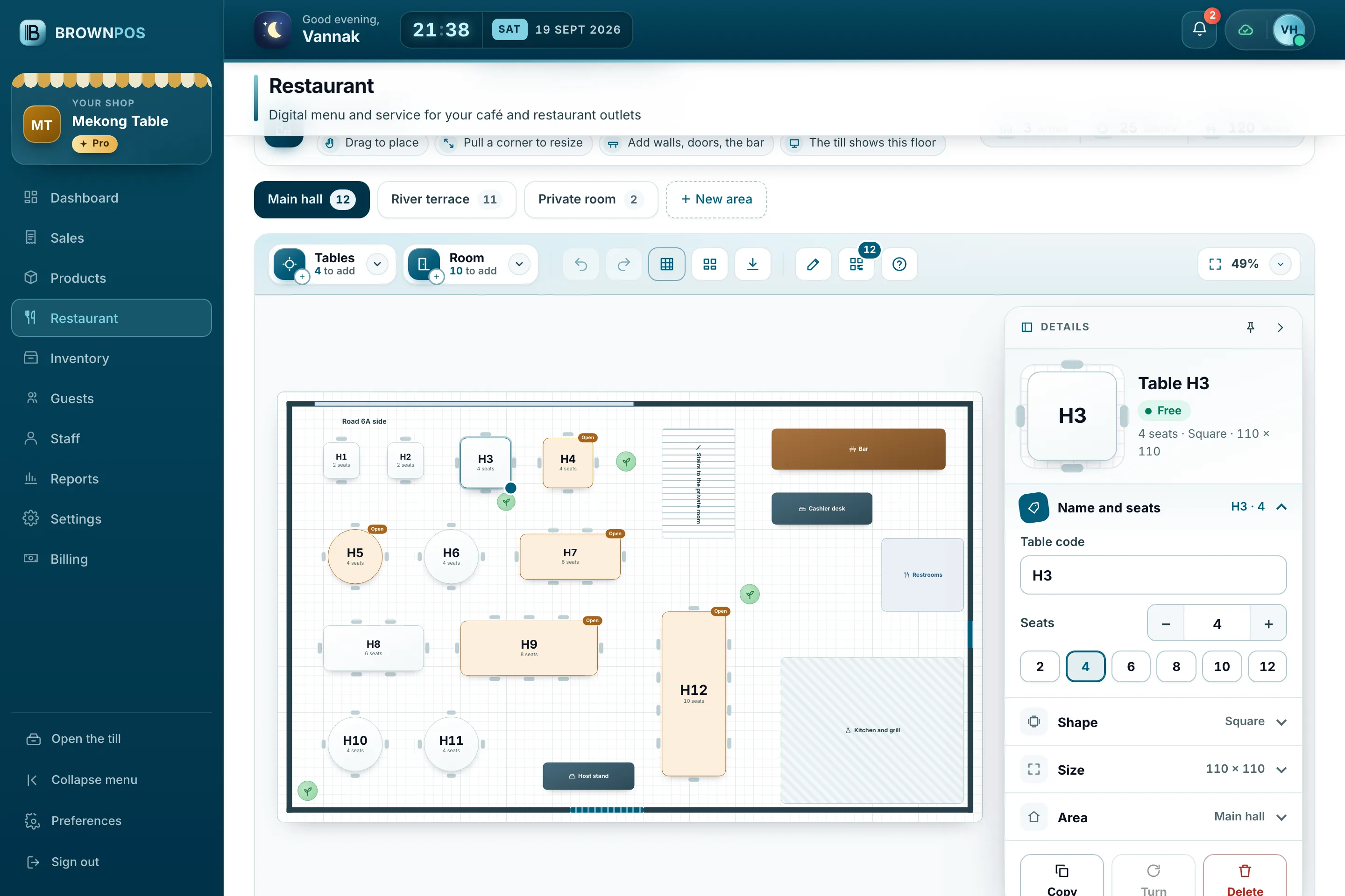 Cambodia POS System — The Details panel beside the floor plan: table H3 with its seats, shape, size and area, each ready to change