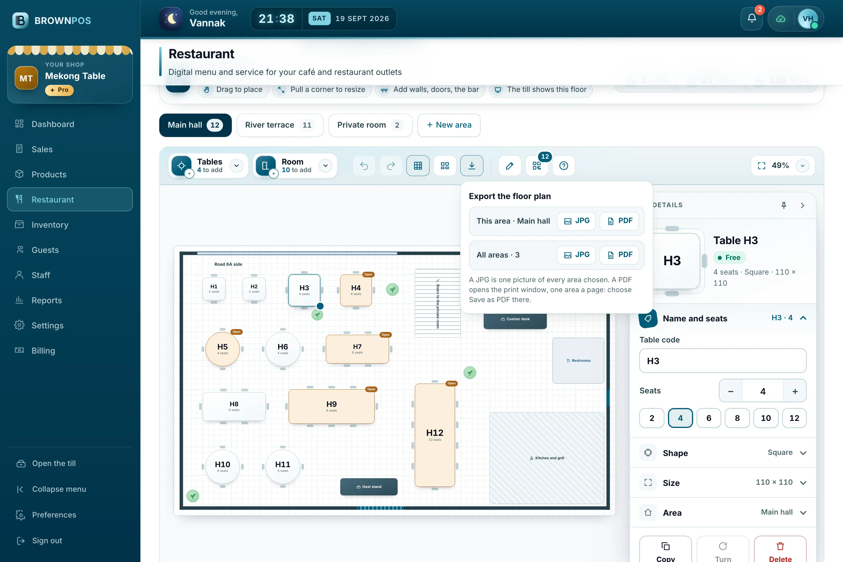 Cambodia POS System — The Export window in the floor plan editor: this area or every area, as a picture or a PDF