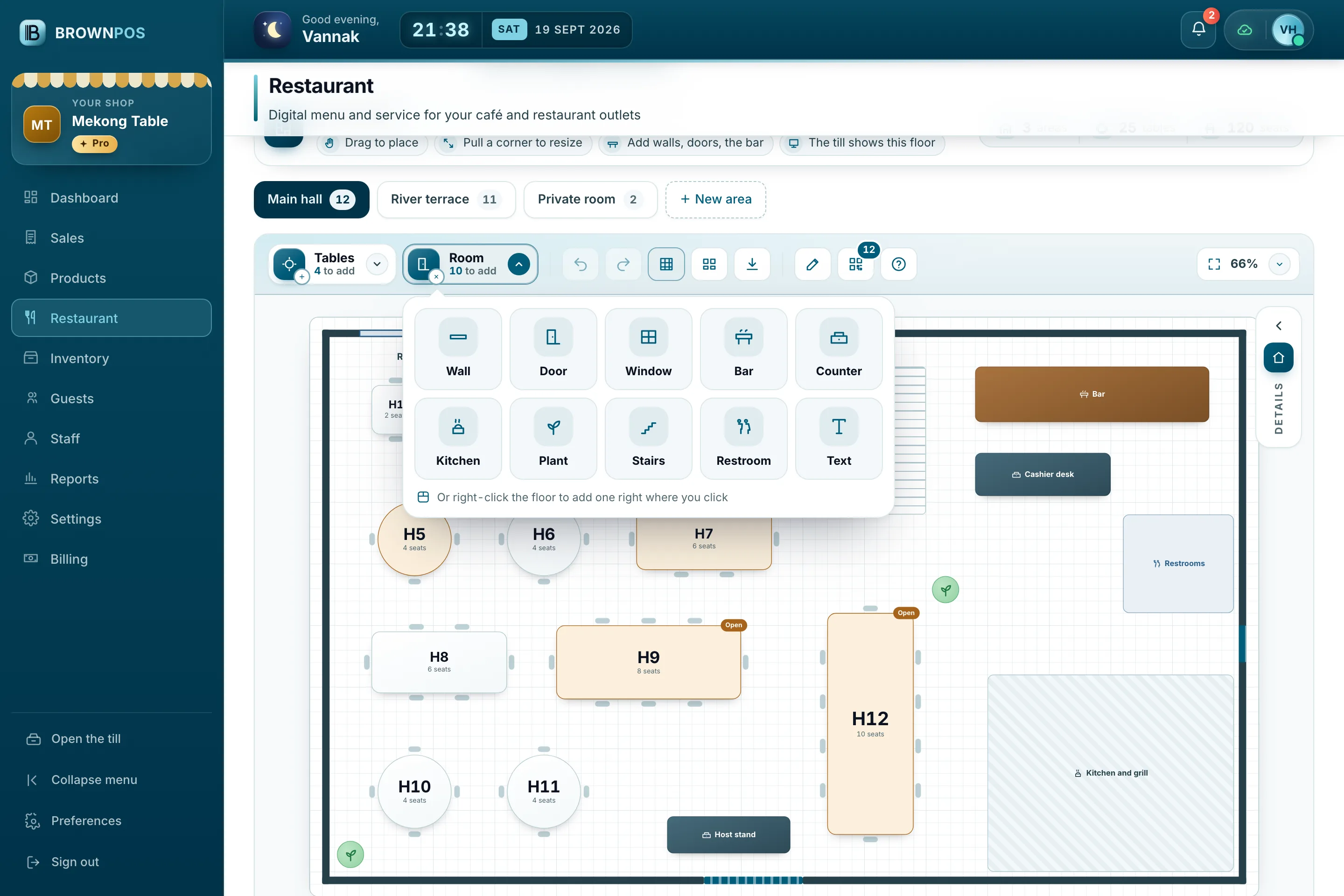 Cambodia POS System — The Room drop-down in the floor plan editor: wall, door, window, bar, counter, kitchen, plant, stairs, restroom and text