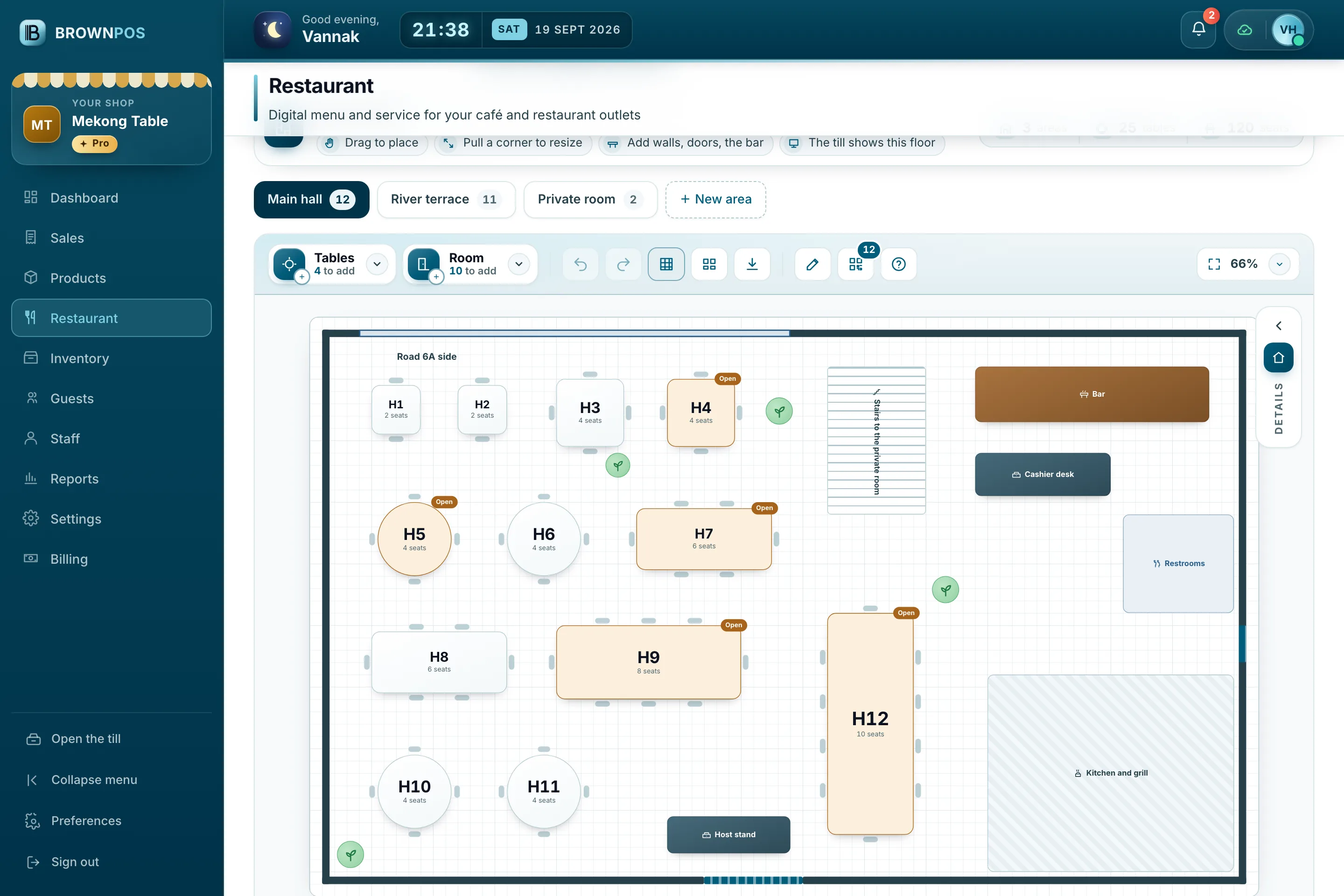 Cambodia POS System — Mekong Table’s main hall in the back office floor plan editor: twelve tables, the bar, the cashier desk, the stairs, the restrooms and the kitchen