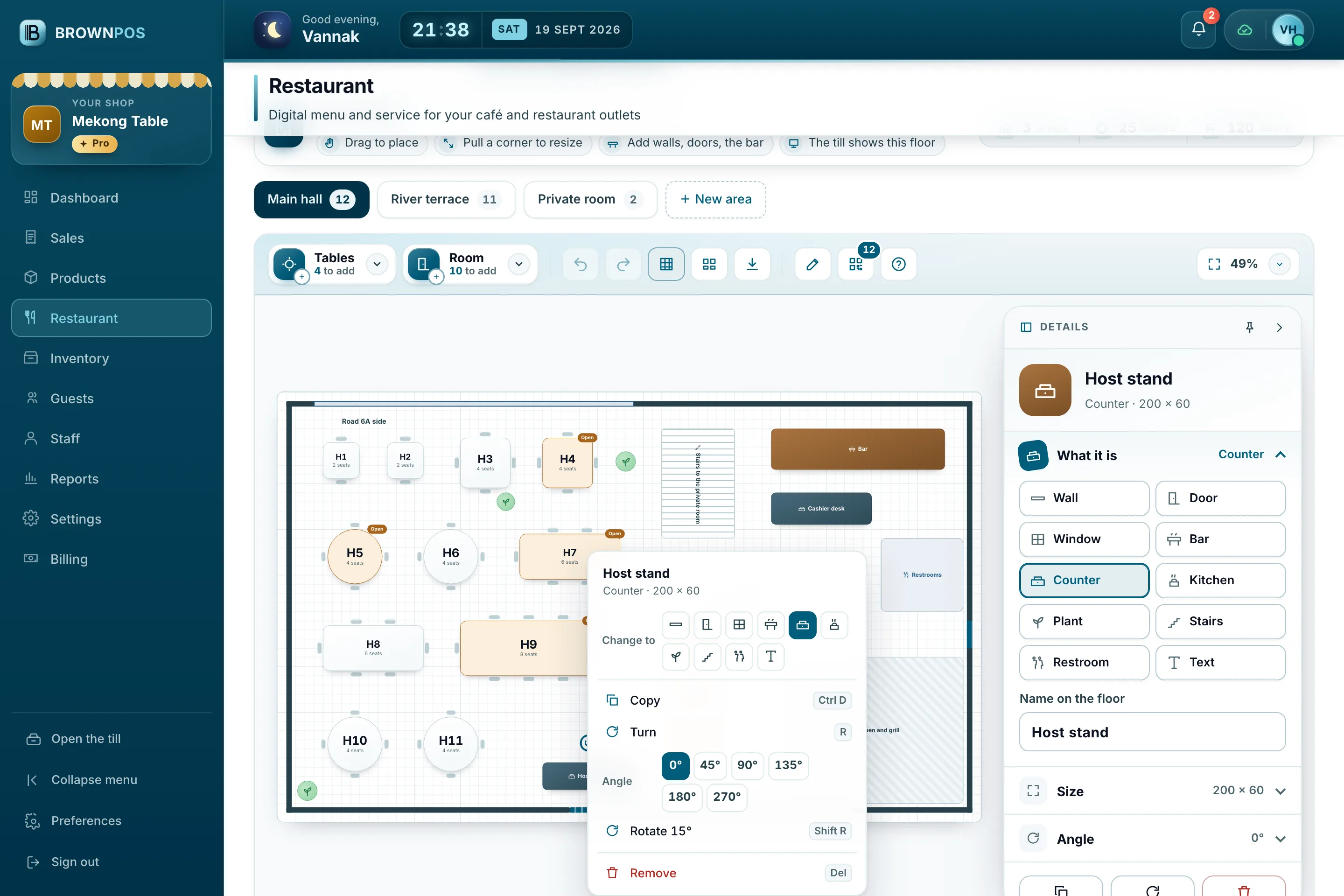Cambodia POS System — The right-click menu on the bar in the floor plan editor: turn, angles of 0, 45, 90 and 135 degrees, and rotate by 15 degrees