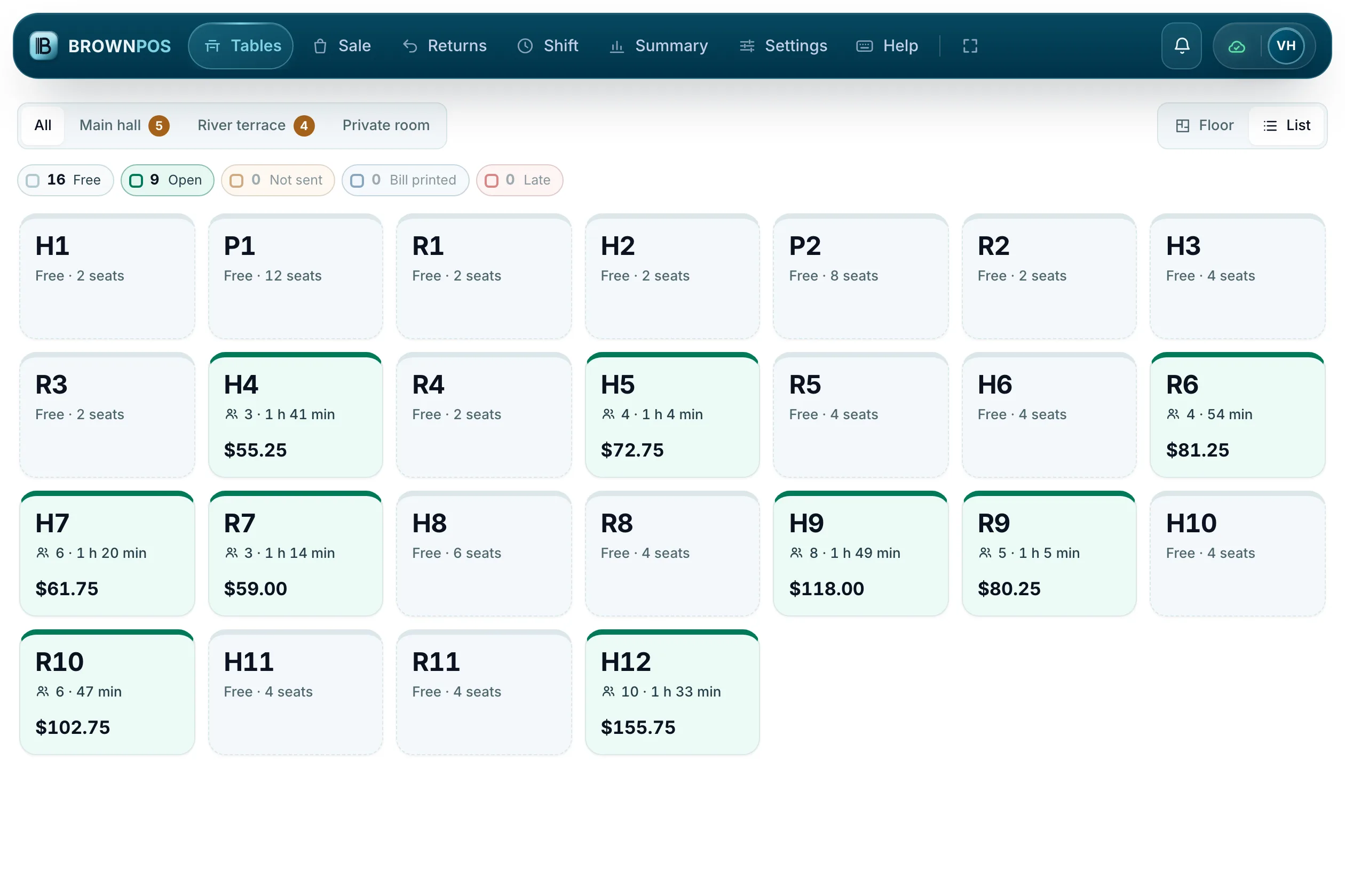 Cambodia POS System — The till’s Tables screen in List view: every table of Mekong Table as a tile in its colour, with the guests, how long they have sat and the bill so far